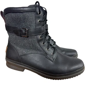 UGG Kesey Boots Black Leather & Wool Ankle Combat Winter Boots Womens sz 10 - Picture 1 of 16