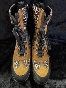 Bamboo Women's US 8 1/2 Lace Up Cheetah Print Fur Mid Calf Combat Boots - Picture 1 of 7