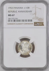 1953 Panama Silver 1/10 Balboa 50th Republic Anniversary - NGC MS 67 - Picture 1 of 4