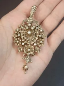 LARGE ANTIQUE VICTORIAN ERA PENDANT & BROOCH 10KT GOLD W/185 SEED PEARLS W/ BOX - Picture 1 of 11