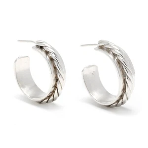 Solid Wide Rope Twist Hoop Earrings, Sterling Silver, Length 1 Inch, Vintage - Picture 1 of 6
