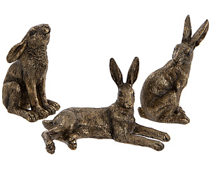 Set 3 mini bronze effect Hare ornament decorations Hare lover gift collectable
