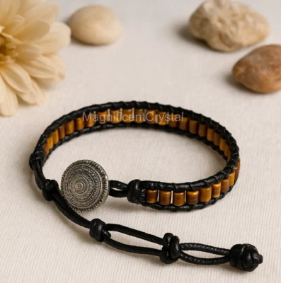 Pulsera de cuero con escalera de hematita ojo de tigre natural unisex joyería regalos de curación Foto 1 de 4