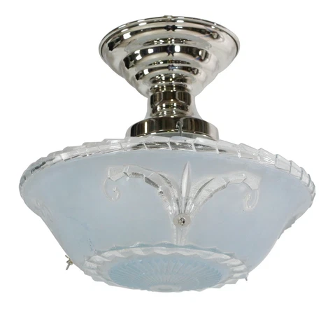 1940s Blue & Clear Cast Glass Semi Flush Dome Light Cover