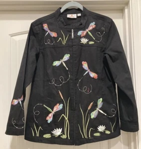 Quacker Factory Dragonfly Floral Embroidered Jacket Zip Up Black Jacket SZ L - Picture 1 of 19