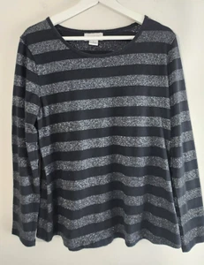 Size Large Top Liz Claiborne Black Silver Sparkle Stripe Long Sleeve Tee Women's - Picture 1 of 6