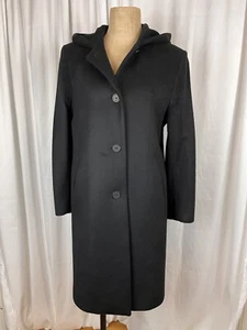 Albert Nipon Black Wool & Cashmere Hooded Single Breasted Coat Vintage Size 8 - Picture 1 of 12