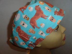 Ladies scrub hat, golden retrievers, coffee cups, lite blue, gorgeous Vashon - Picture 1 of 5