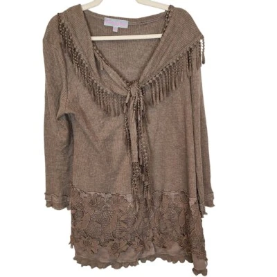 Pretty Angel Womens L Brown Lace Knit Long Sleeves Linen Blend Tunic Sweater - Image 1 of 4