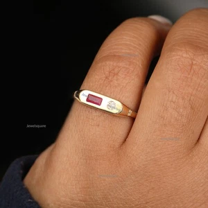 Baguette Cut Ruby & Star Real Diamond Band Ring in 14k Yellow Gold Fine Jewelry - Picture 1 of 5