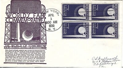 FDC SC# 853 1939 NEW YORK WORLD'S FAIR, ANDERSON CACHET BLOCK OF (4) - Image 1 of 2