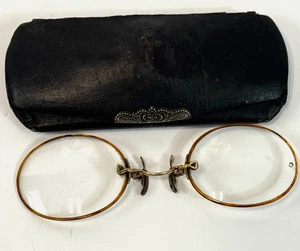 Antique Horn Rimmed Pince Nez Nose Pinch Glasses Spectacles w/ Case - Picture 1 of 9