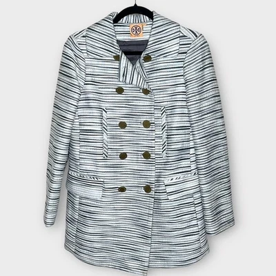 Abrigo TORY BURCH Gris y Crema Rayas Guisante Doble Pecho Peso Medio Talla 4 Otoño Foto 1 de 4