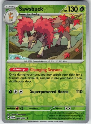 Pokemon Sawsbuck 017/162 SV05: Temporal Forces NM Reverse Holo card - Image 1 of 2