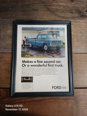 1966 F100 Blue Vintage Framed 8" X 11" Print Ad F-100 Truck Man Cave Garage Art - Image 1 of 4