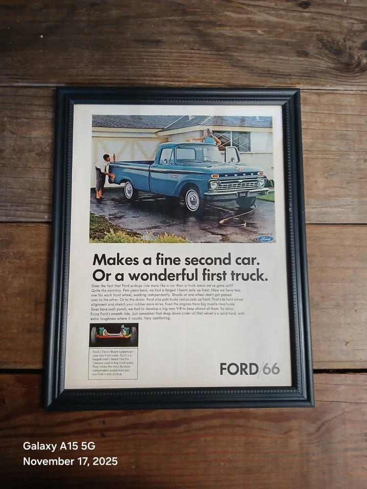 1966 F100 Blue Vintage Framed 8" X 11" Print Ad F-100 Truck Man Cave Garage Art - Image 1 of 4