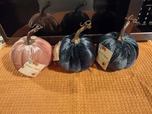 3er Set Deko Samt Halloween Kürbisse türkis und rosa - Bild 1 von 5