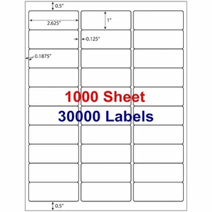1 x 2 5/8 30000 Address Laser Ink Jet Shipping Labels 2.625 x 1 30UP 1000 Sheets - Picture 1 of 6
