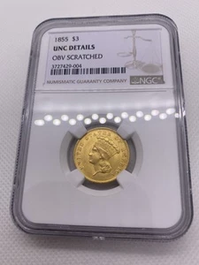 Moneda de oro de 3 dólares de 1855 NGC UNC hermosa original oro temprano de Estados Unidos rara - Imagen 1 de 11