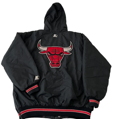 Vintage 90's Chicago Bulls NBA Starter Jacket Full Zip Puffer Hoodie XL Black Cover