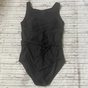 Lands End Womens One Piece Swimsuit Size 8 Solid Black Tank Classic Padded Belt - Picture 1 of 6