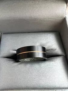 6/8mm Tungsten Carbide Men's Ring Thin Gold Line Black Brushed Wedding Band - Picture 1 of 4