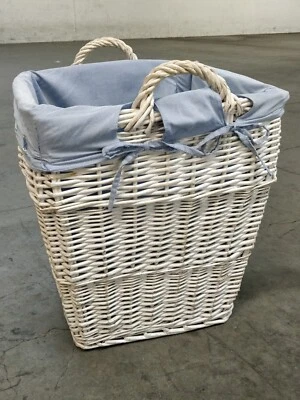 Cesta de almacenamiento alta de mimbre blanca vintage cesta de lavandería ratán con forro azul Foto 1 de 4