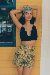 NWT La Fuori x Anthropologie Silk Blend Embroidered Shorts Size L Yellow - Picture 1 of 13