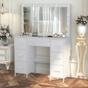 White Dressing Table Wood Makeup Desk with 11 LED Mirror 7 Drawers Bedroom NEW - Picture 1 of 20