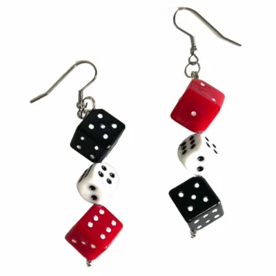 HUGE DICE EARRINGS-Casino Craps Game Lucky Charms Funky Jewelry-RED BLACK WHITE - Image 1 of 3