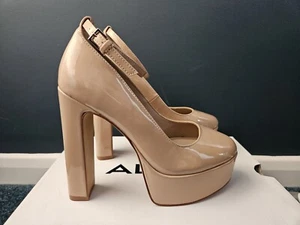 BNWB Aldo Fonda Ankle Strap Platform Heels Size 4 Nude Faux Patent Leather - Picture 1 of 7