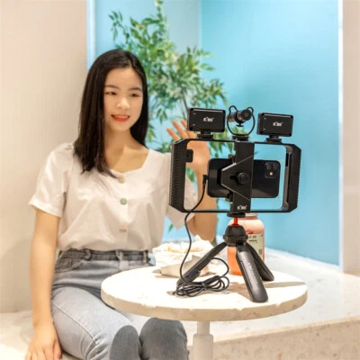 Phone Vlogging Kit Video Camera Rig Stabilizer Cage +LED Light Microphone Tripod - Image 1 of 4