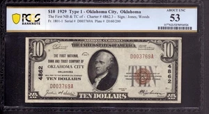 1929 $10 FIRST NATIONAL BANK NOTE CURRENCY OKLAHOMA CITY OK PCGS B ABOUT UNC 53 - Picture 1 of 4