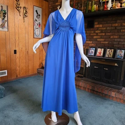 Maxi Vestido Vintage Años 70 Disco Endora Chifón Transparente Chal Capa Hechizado S/M Foto 1 de 4