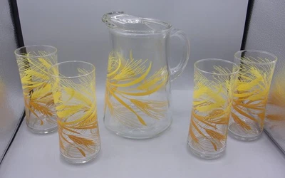 Vintage 2 QT Golden Wheat Pitcher & Set Of (4) 12 Oz Libbey Glass Tumblers - Image 1 of 4