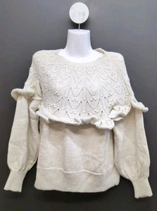 Elegant Ruffle Hem Eyelet Long Sleeve Pullover Women's Knit Sweater S Khaki - Picture 1 of 6