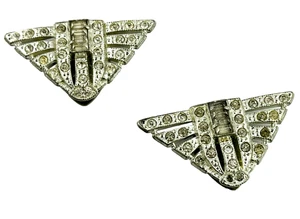 Art Deco Silver Tone Dress Clips Triangle Rhinestone Costume Jewelry 1930s Style - Picture 1 of 7