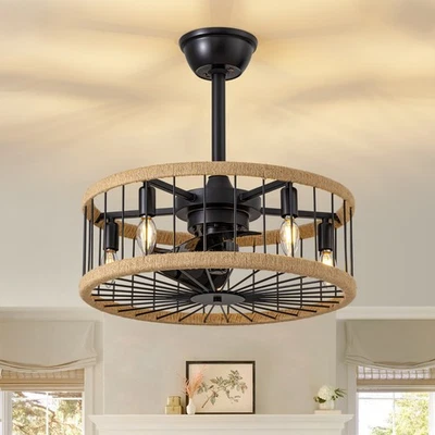 Ventilador de techo rústico enjaulado de 20" con luz y ventilador de araña remoto de granja Foto 1 de 4