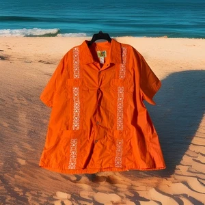 The Genuine Haband Guayabera 2XL Short Sleeve SnapUp Shirt Orange 4 Front Pocke - Picture 1 of 12