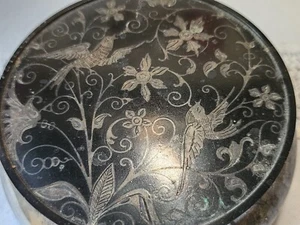 Art Deco Style inlay Silver Black Enamel Birds Floral Trinket Powder Box Oneida - Picture 1 of 5