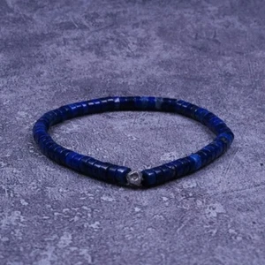 925 Sterling Silver Bead Natural Lapis Lazuli Stone Men Women Bracelet - Picture 1 of 4