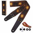 Guitar Strap Sun Embroidered Cotton Guitar Strap With Head Cowhide Leather En...