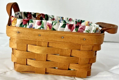 Vintage 1992 Small Longaberger Garden Splendor Basket W/Liner and Leather Handle Cover