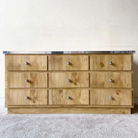 Postmodern Wood Grain Laminate and Chrome Dresser - 9 Drawers Cover