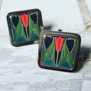 Unique ART DECO TULIPS CUFFLINKS chrome ART NOUVEAU groom TILE vintage SUIT gift - Picture 1 of 1