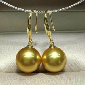 HUGE AAAA 12mm round golden Shell pearl Earrings 14K gold Crystal Custom - Picture 1 of 4