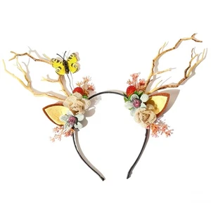 Deer Antler Flower Crown Headband Fairy Flower Reindeer Cosplay Headdress With - Picture 1 of 12