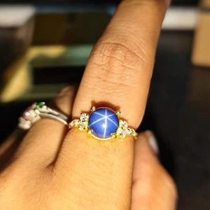 Blauer Lindy Stern Saphir Lab-Created Weihnachtsgeschenk Ring 14K Weißgold vergoldet - Bild 1 von 10