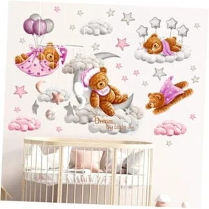 Baby Girl Nursery Wall Decor, Bear Wall Decals Nursery, Moon and Pink Tedy Bear - Picture 1 of 8
