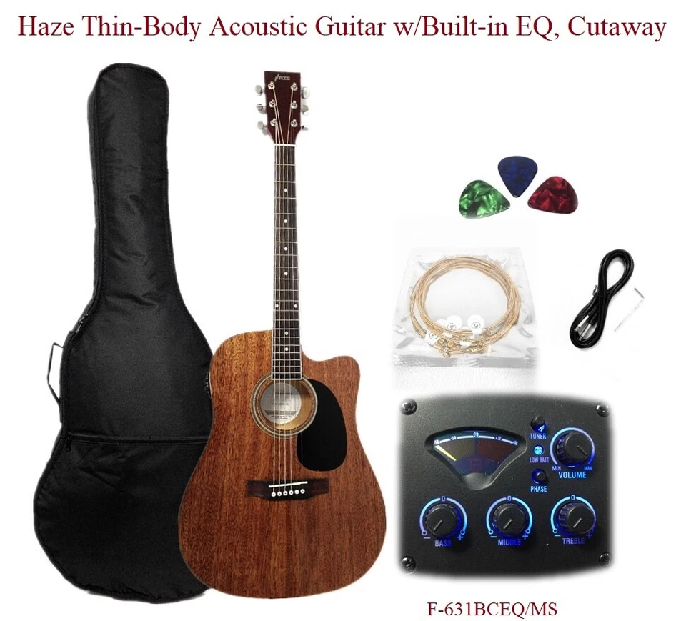 Haze Thin Body Acoustic Guitar w/Built-in EQ Cutaway Gig Bag. F-631BCEQ/MS
